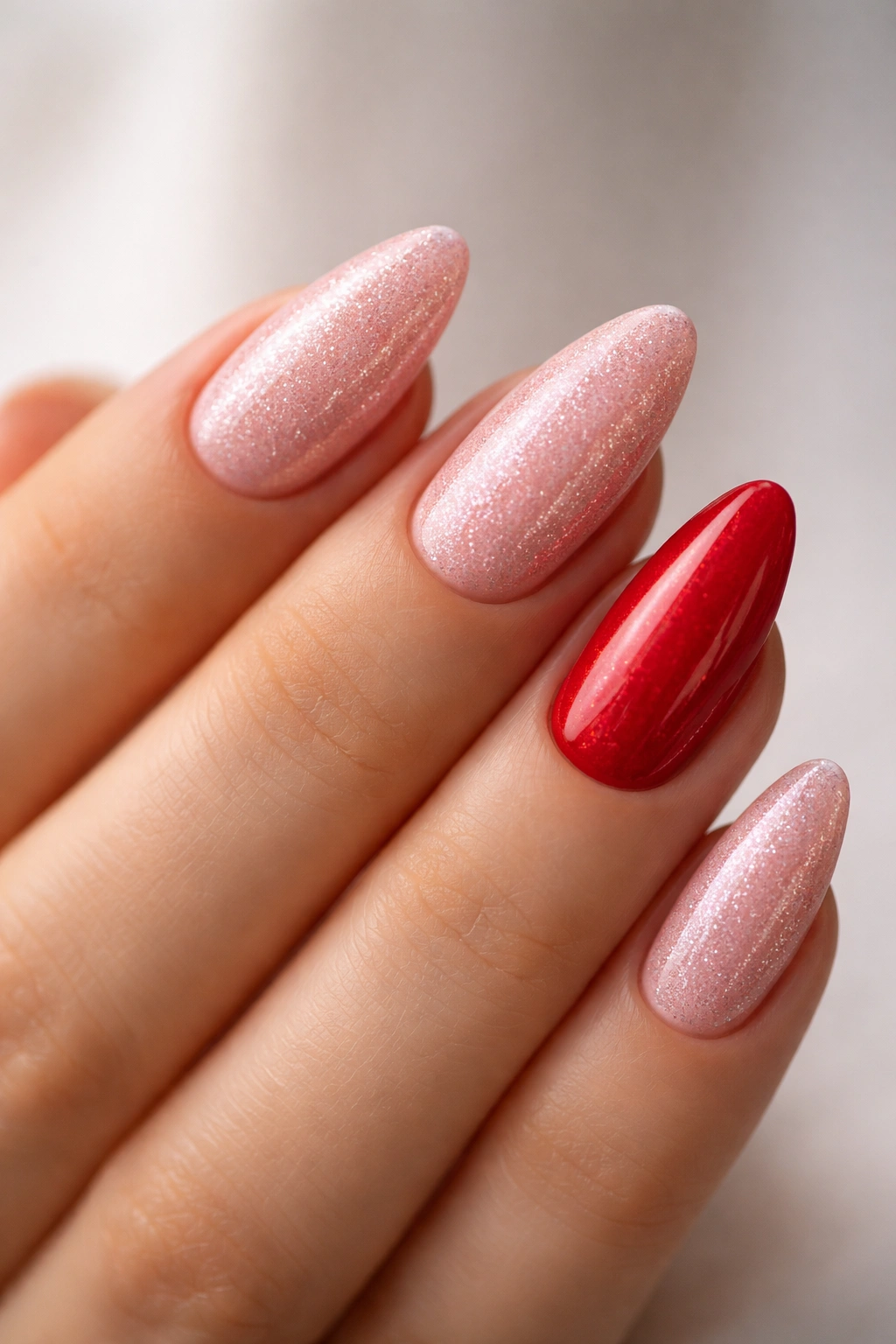 Almond nails with pink glitter base and red accent nail.
