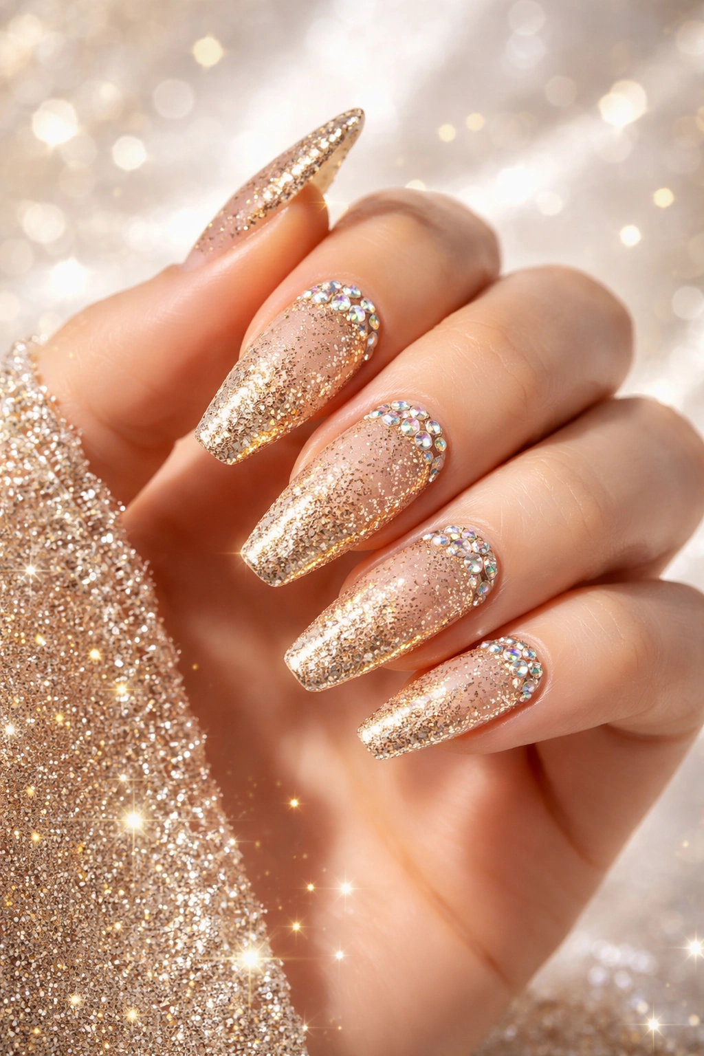Hand with gold glitter nails on a nude base