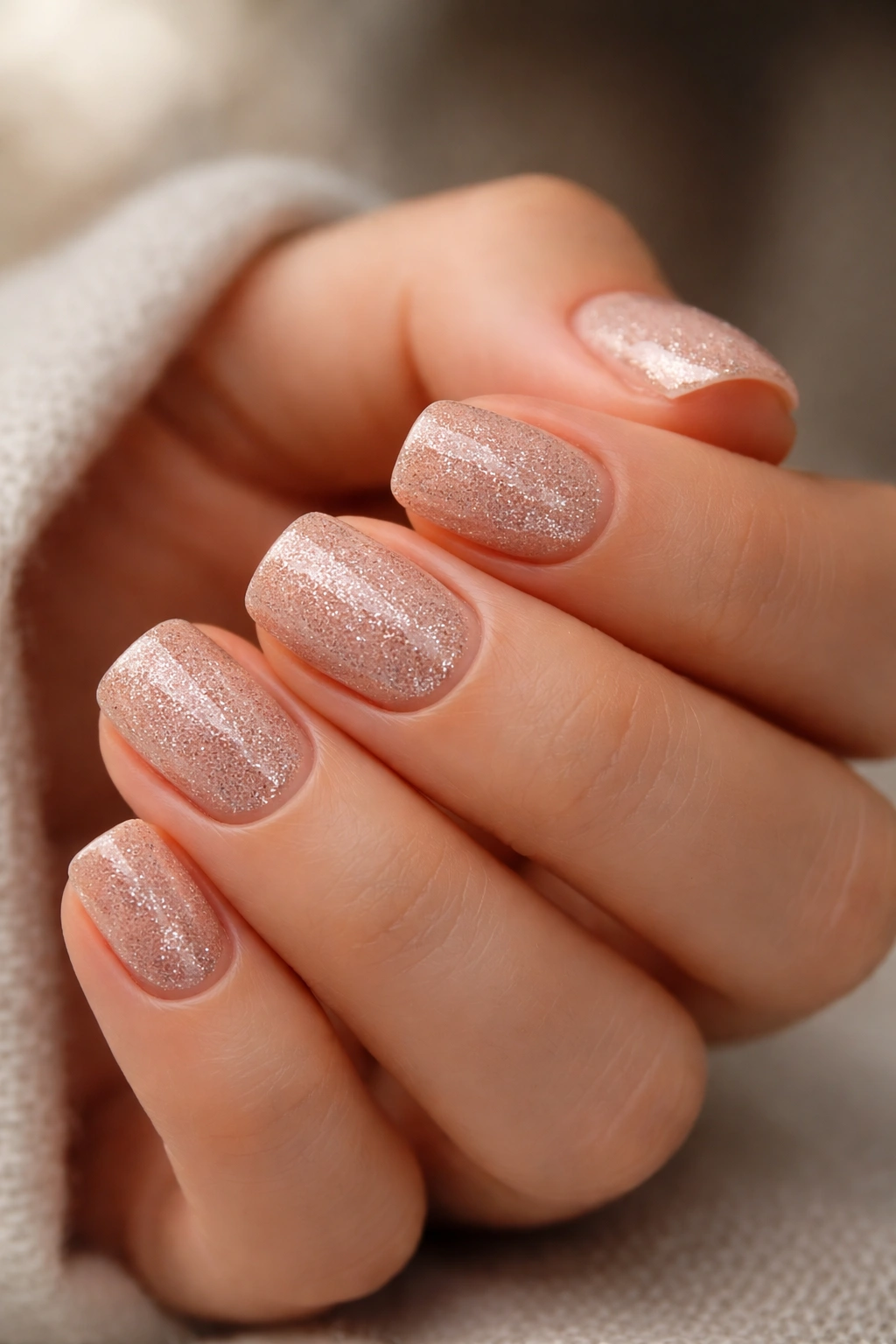 Short squoval nails with fine nude glitter and high shine