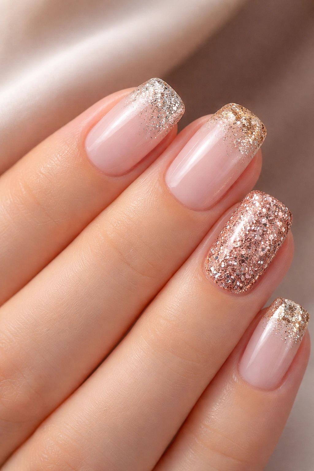 Close-up of short acrylic nails with glitter accents at tips