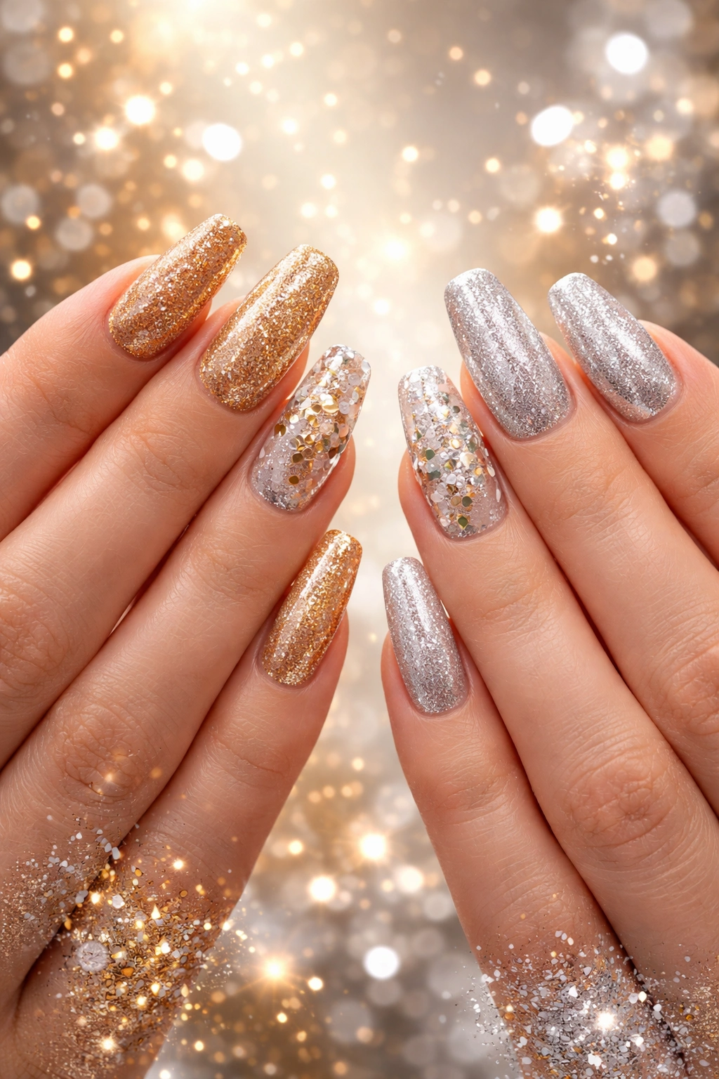 Nails with gold and silver glitter in a coordinated duo