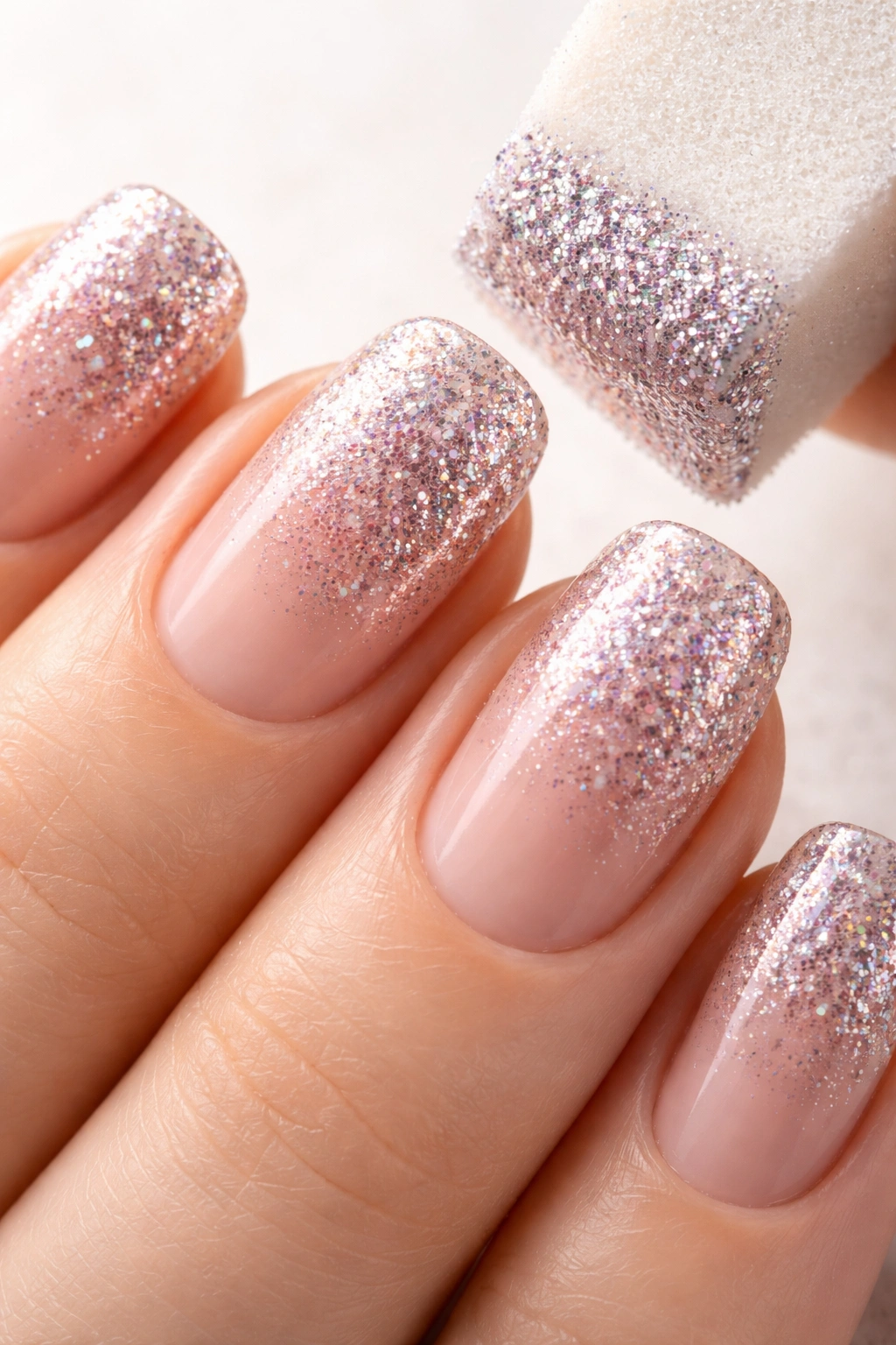Nails showing sponge-application glitter with a gradient