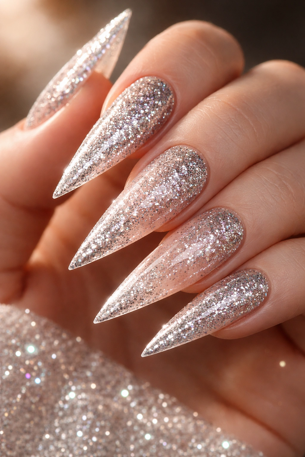 Close-up of glitter-dipped stiletto nails with a glitter gradient against a neutral background