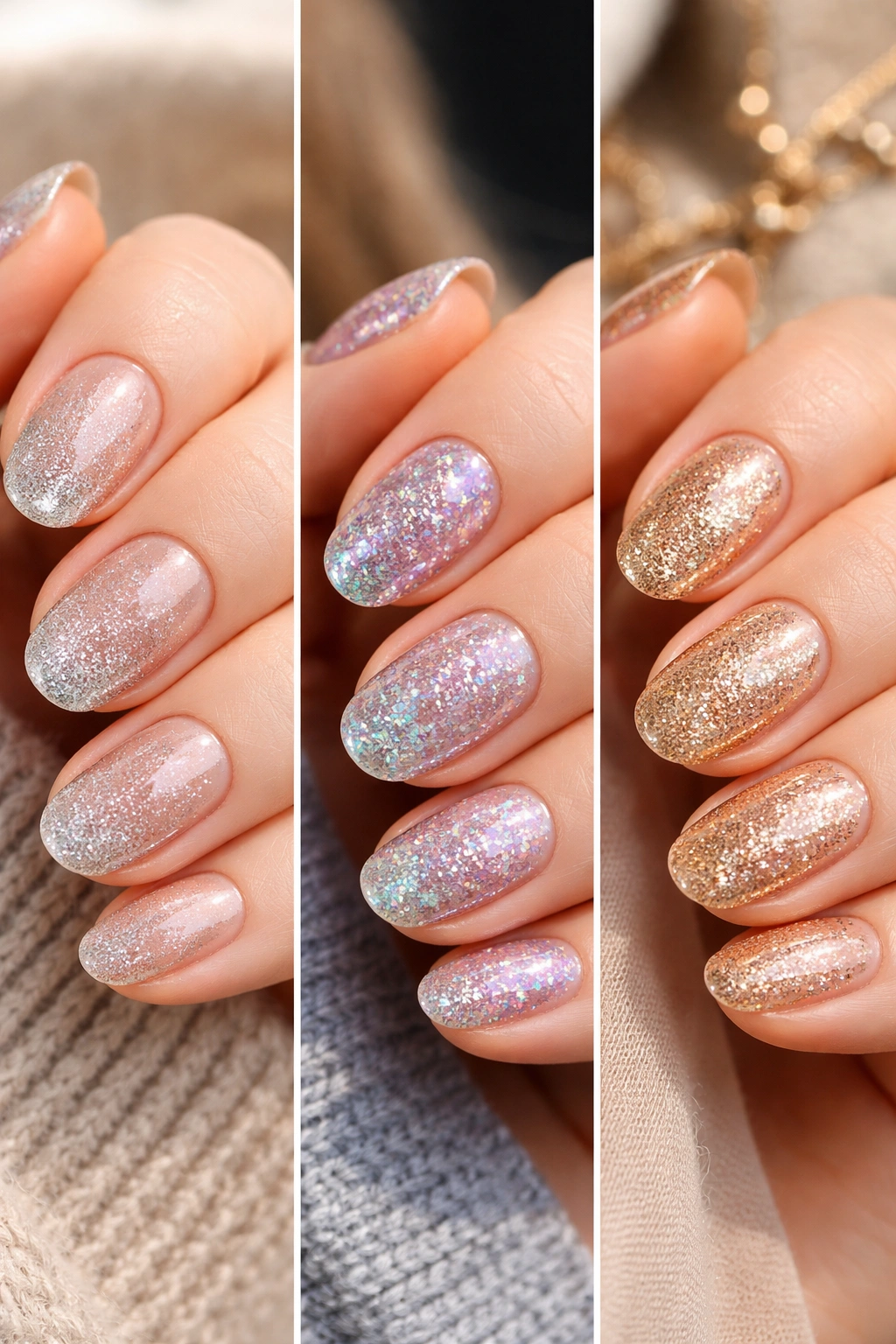 Short oval glitter nails showing different finishes to match styles