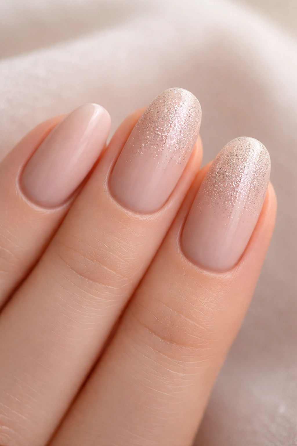 Nails with a subtle glitter accent on neutral manicure