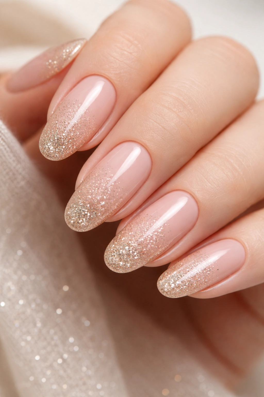 Close-up of long round acrylic nails with nude base and subtle glitter at tips