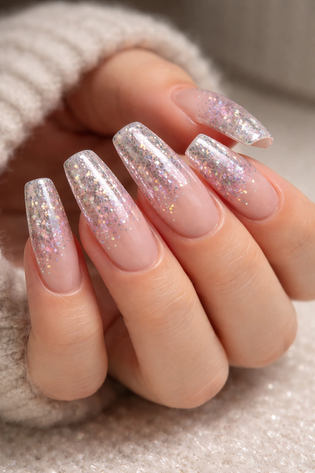 Close-up of glitter acrylic nails with a thick glossy top coat, showing lasting shine