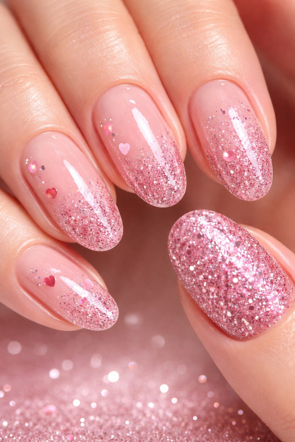 Nails with glitter gradient and a single glitter accent nail