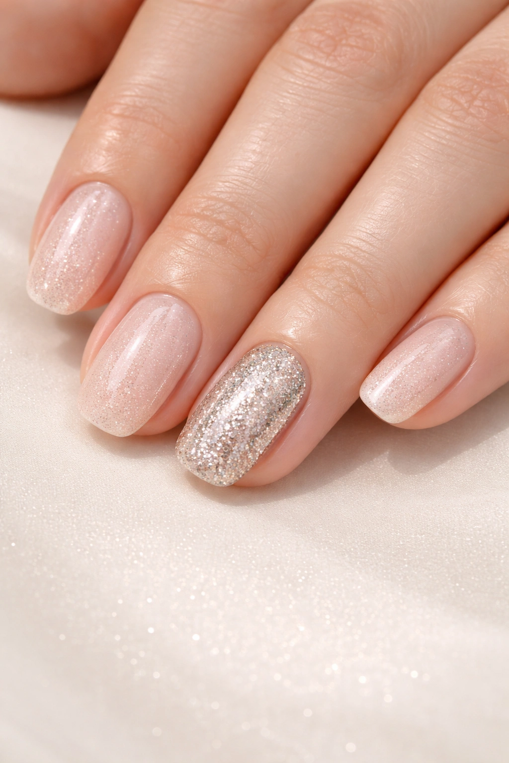 Fine glitter manicure with a glitter accent nail on nude base