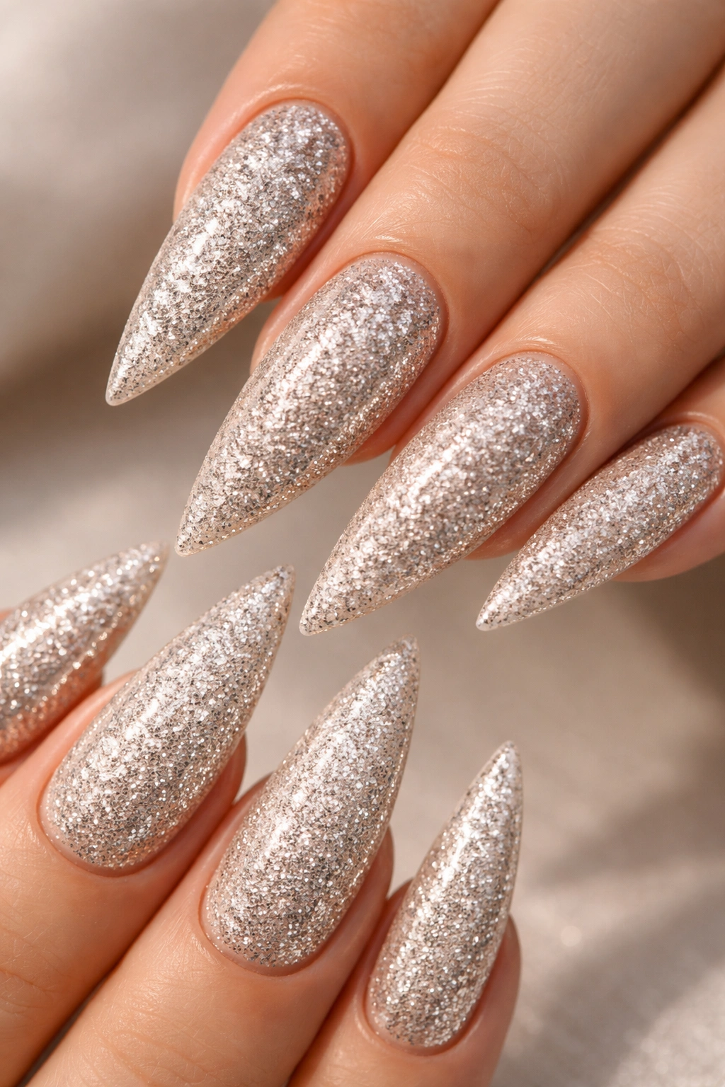 Nude-styled stilettos nails fully covered with fine glitter across all nails
