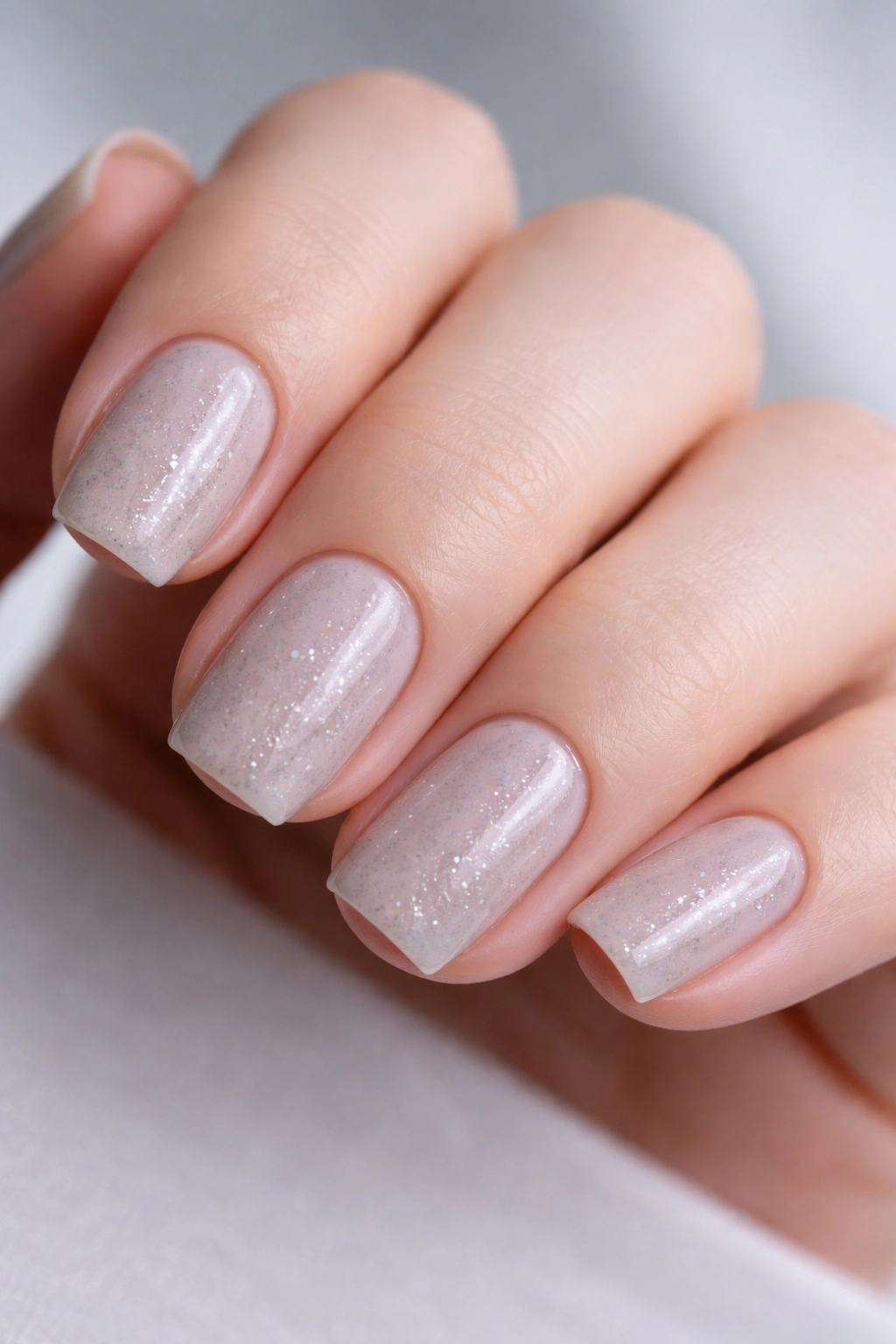 Close-up of short squoval nails in a cool nude with ultra-sparse glitter dispersed across the acrylic