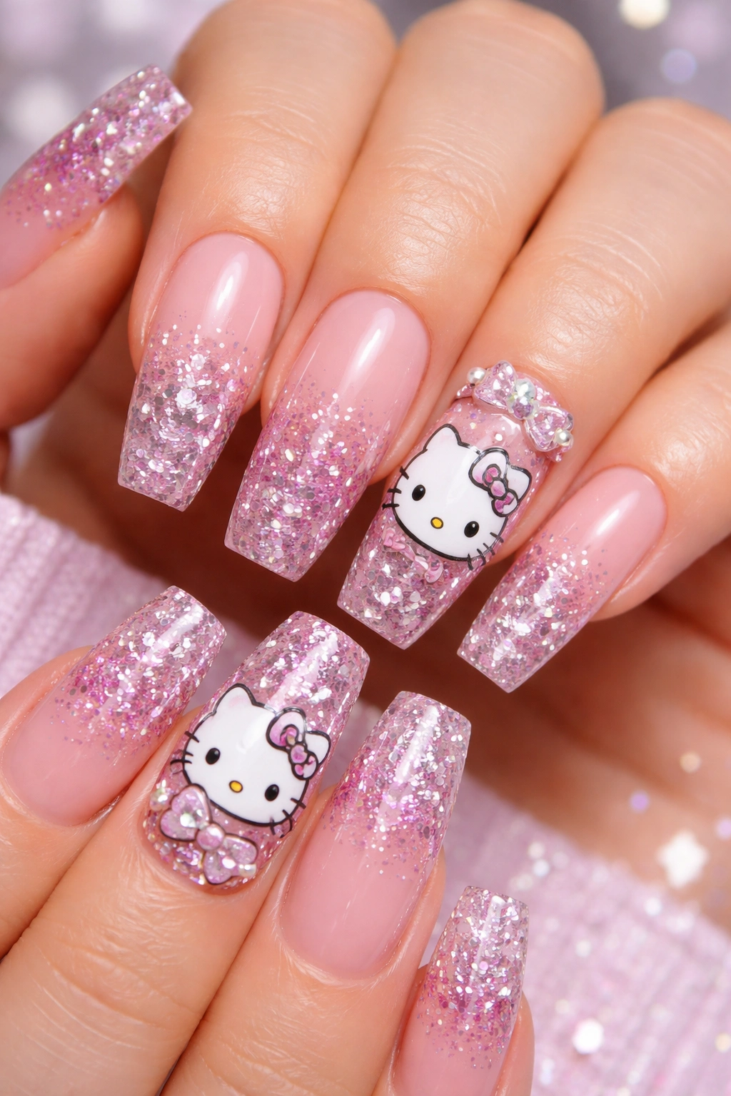 Close-up of glitter ombre Hello Kitty nails with accent nails