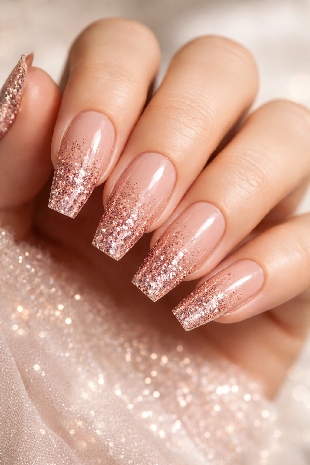 Coffin nails with glitter ombré gradient on nude base