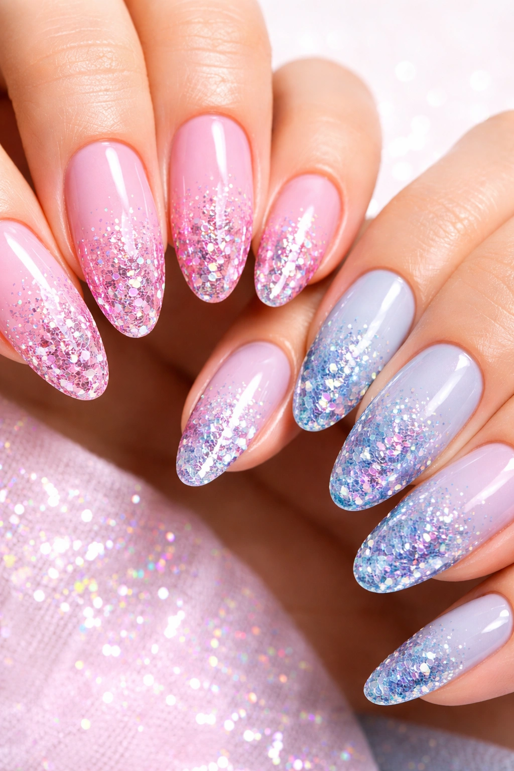 Nails with glitter ombre fade from color to chunky glitter