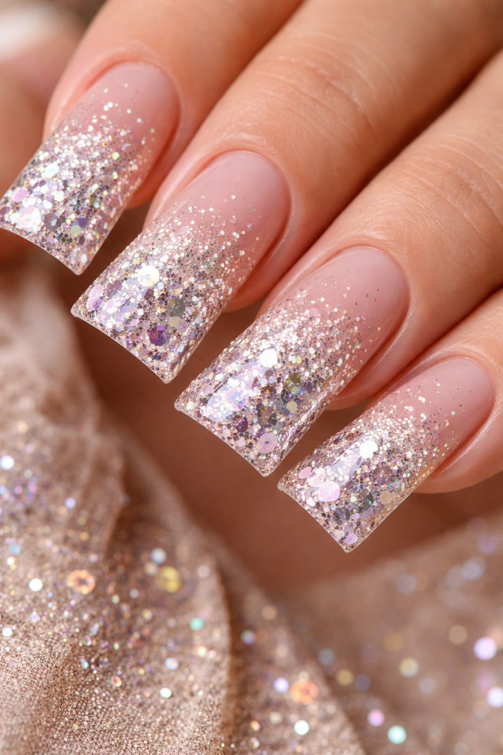 Nails with glitter ombre gradient from fine to chunky glitter