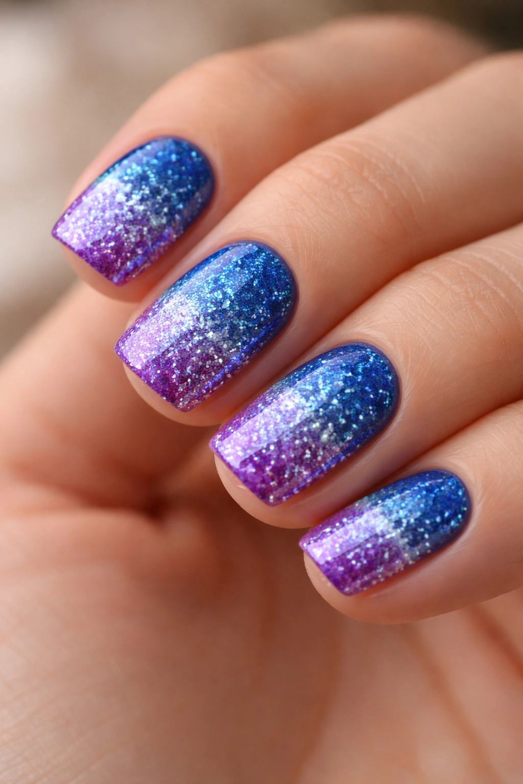 Close-up of short squoval nails showing sapphire blue to amethyst purple glitter ombre gradient