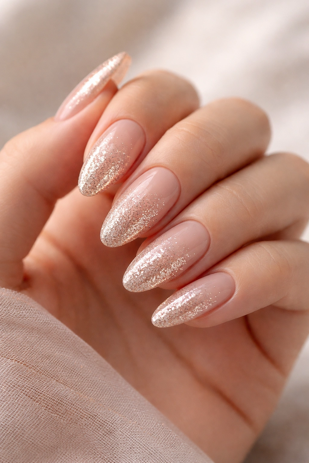 Almond nails with glitter ombre from tips to base on a light background