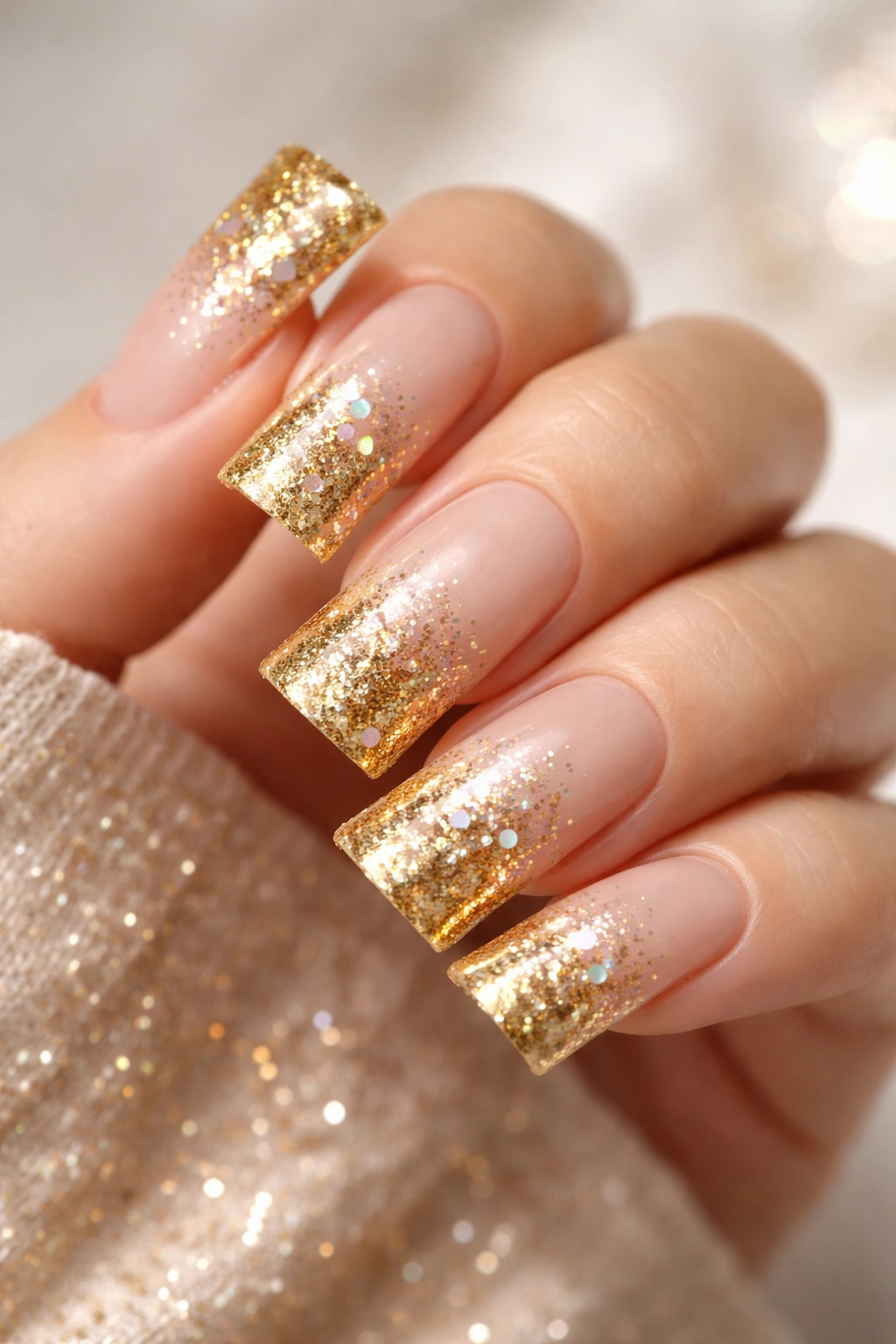Duck nails with glittery gold ombre and confetti accents, close-up on hand