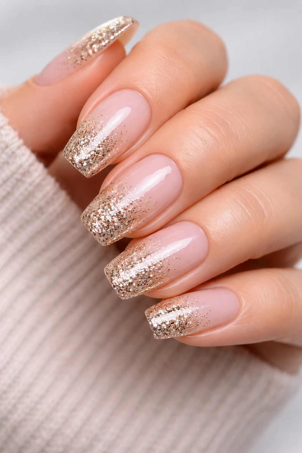 Close-up of glitter ombre nails with gradient glitter from base to tip