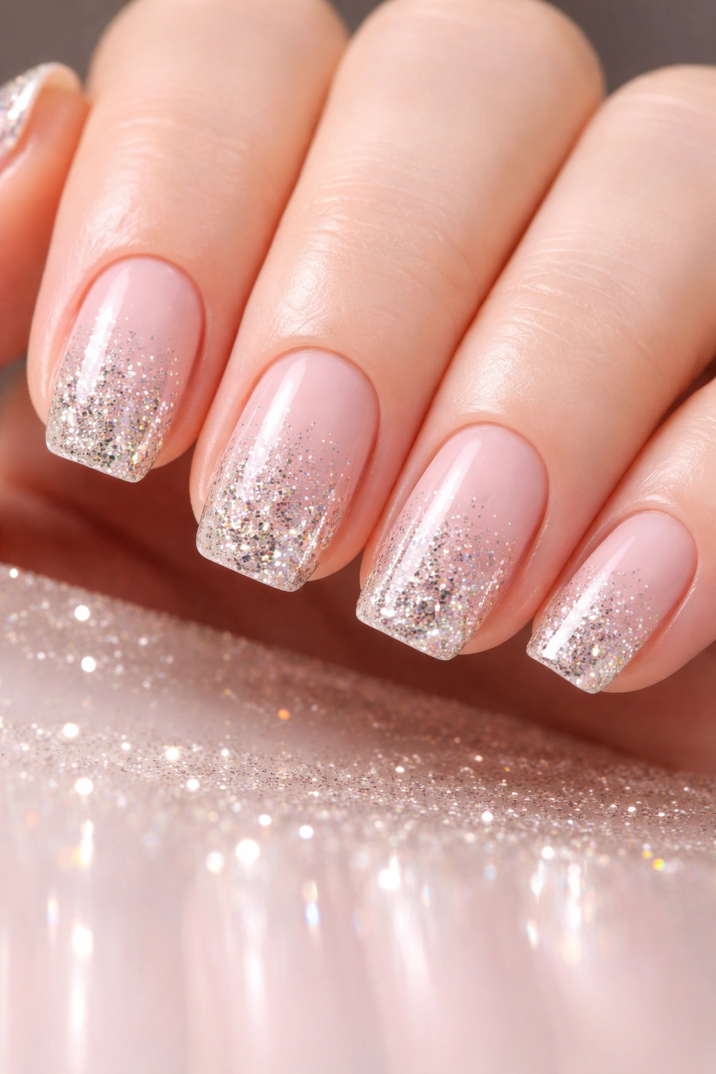 Close-up of short squoval nails with glitter gradient from base to tip.
