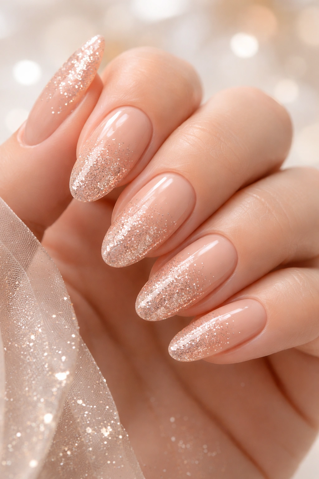Nails with glitter ombre gradient on nude base