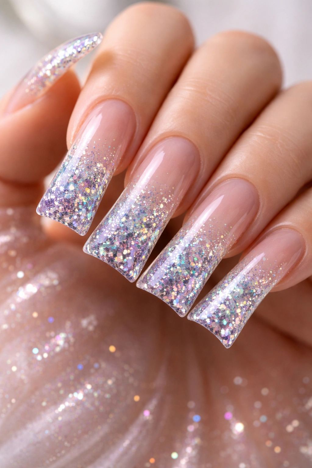 Clear to holographic glitter gradient on long curved duck nails