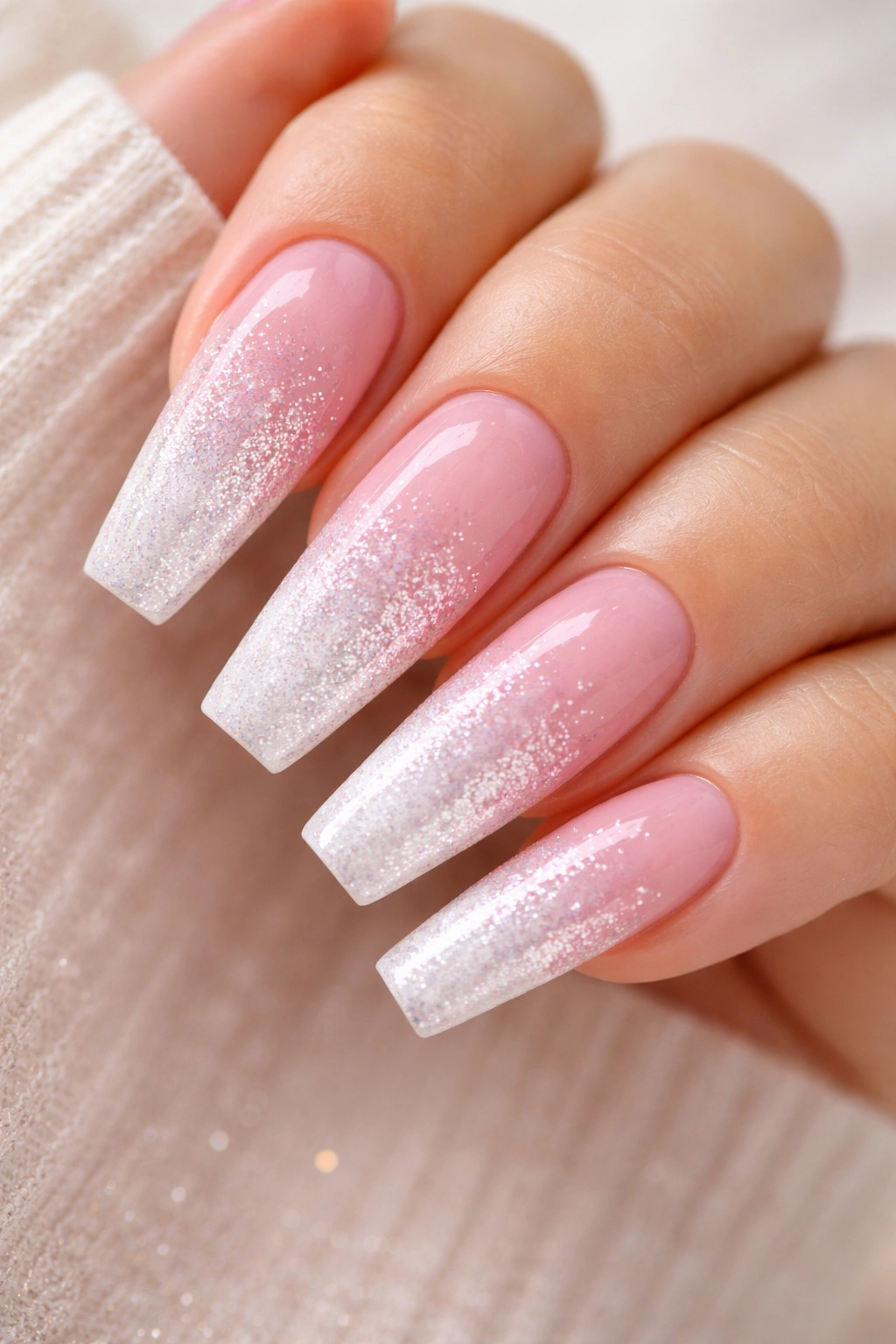 Coffin nails with glitter ombre pink and white gradient