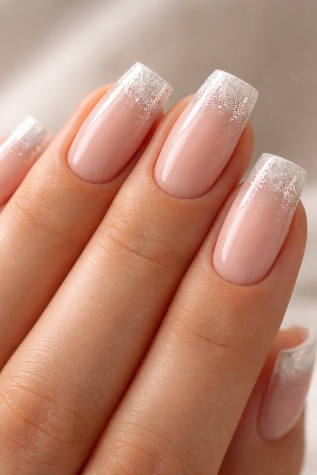 Soft square nails with nude base and subtle glitter ombre on the tips.