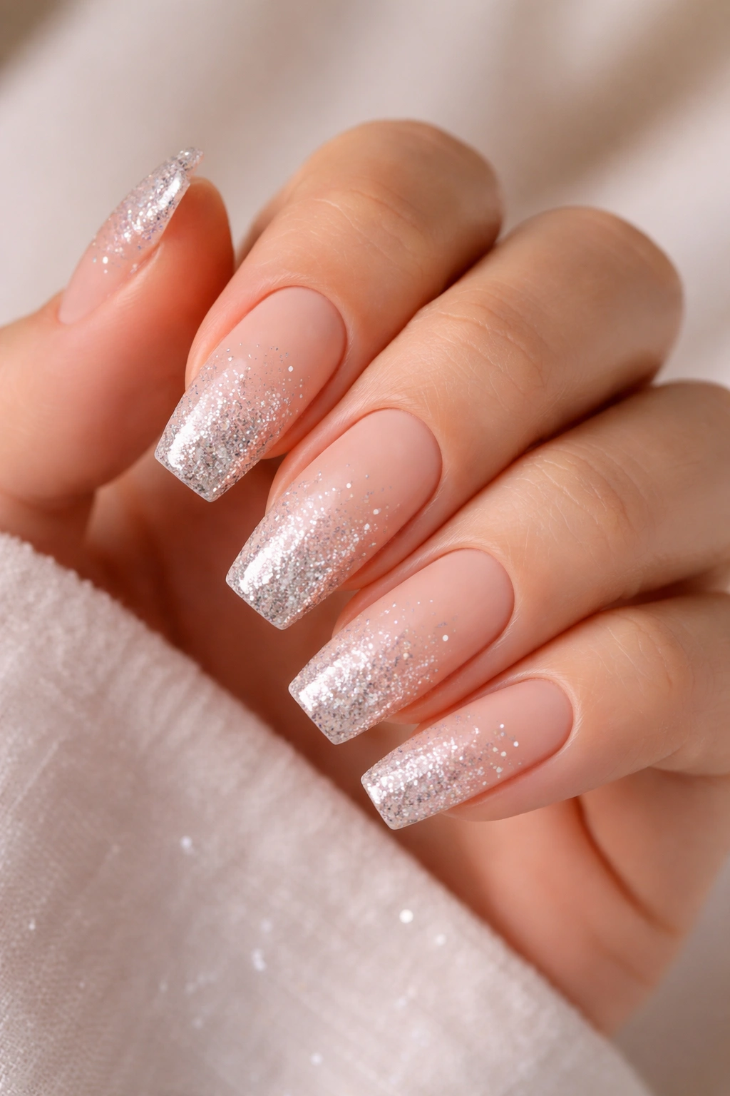 Close-up of nude coffin nails with glitter gradient from base to tip