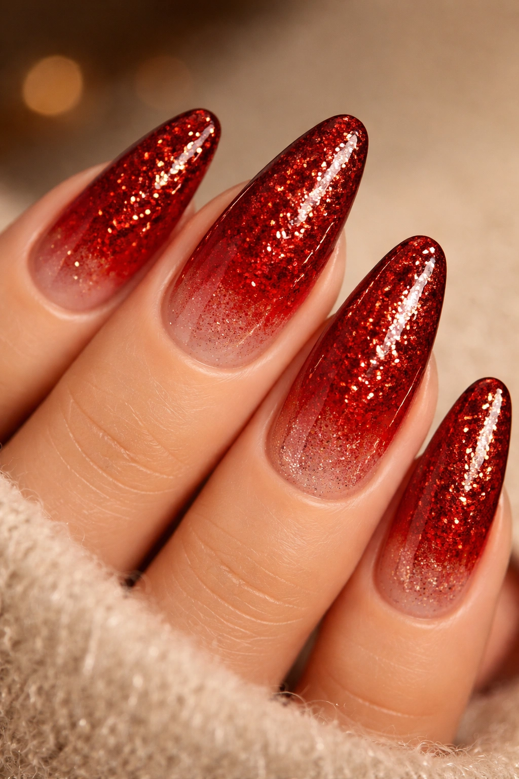 Close-up of glitter ombre nails transitioning from red near the cuticle to glitter at the tips on almond-shaped nails