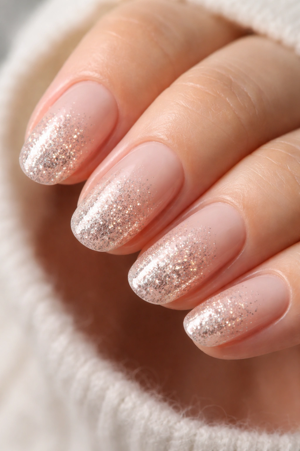 Close-up of short oval nails with sheer base and glittery ombre on tips