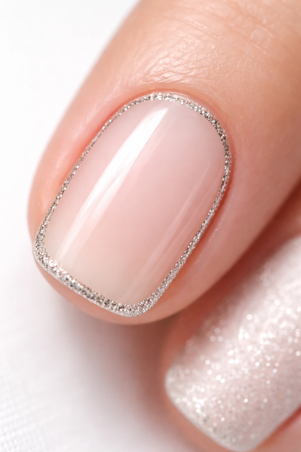 Close-up of a short squoval nail featuring a thin metallic glitter outline along the edge with a bare center