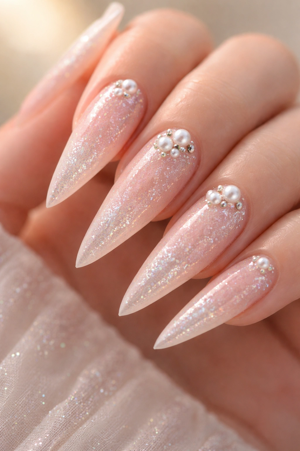 Nude stiletto nails with glitter, pearls, and rhinestones