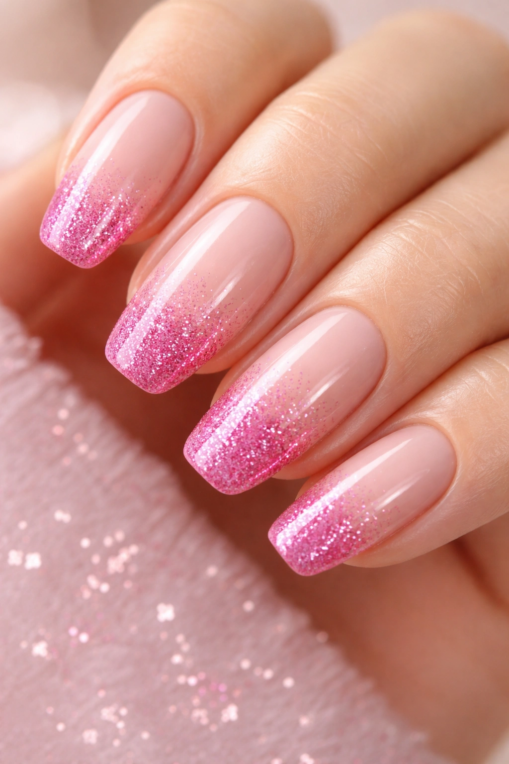 Nails with pink glitter ombre French tips on nude base