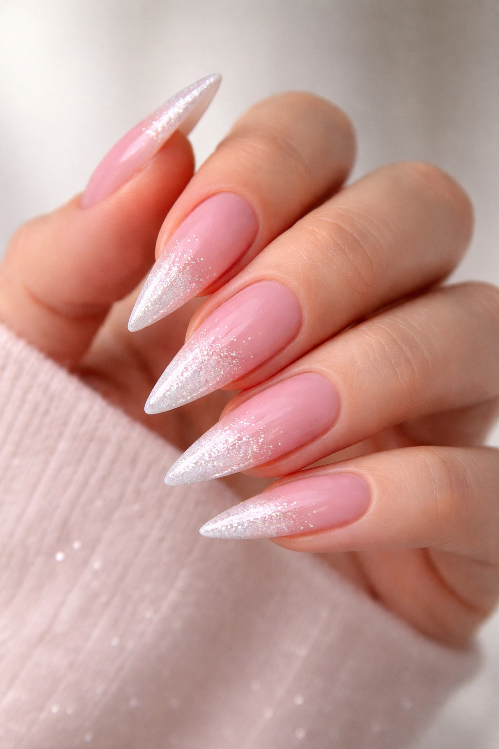 Close-up of a hand with glitter gradient pink and white stilettos nails