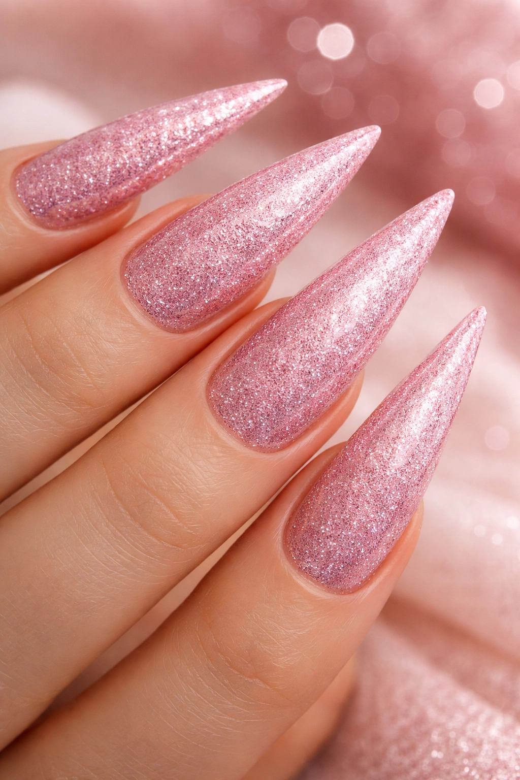 Close-up glitter pink stilettos nails with full sparkle.