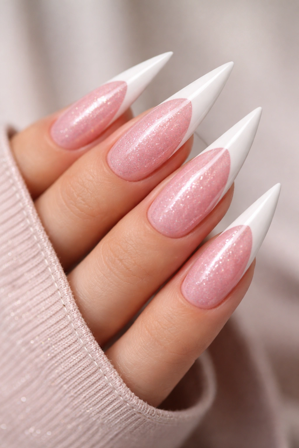 Close-up of glittery pink base nails with white tips on stiletto shape