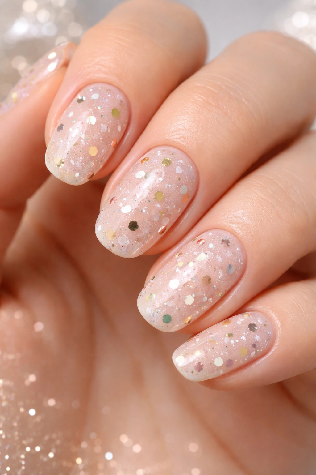 Close-up of glitter polka dot nails on solid bases
