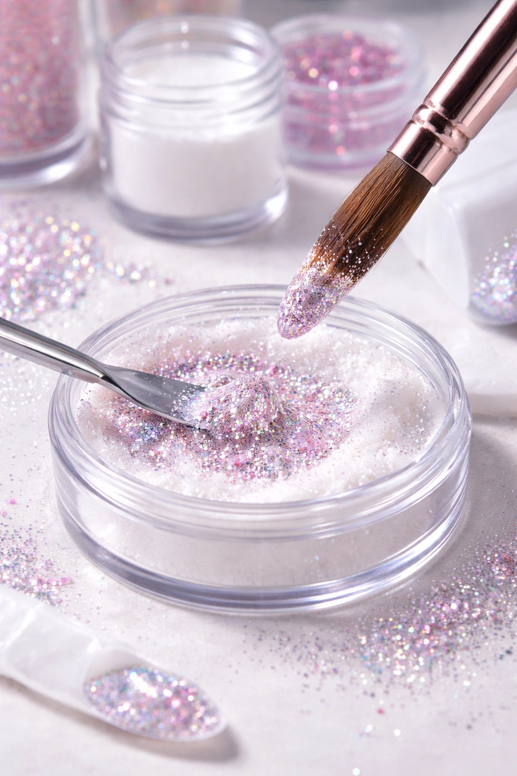 Close-up of glitter being mixed into clear acrylic powder for nails