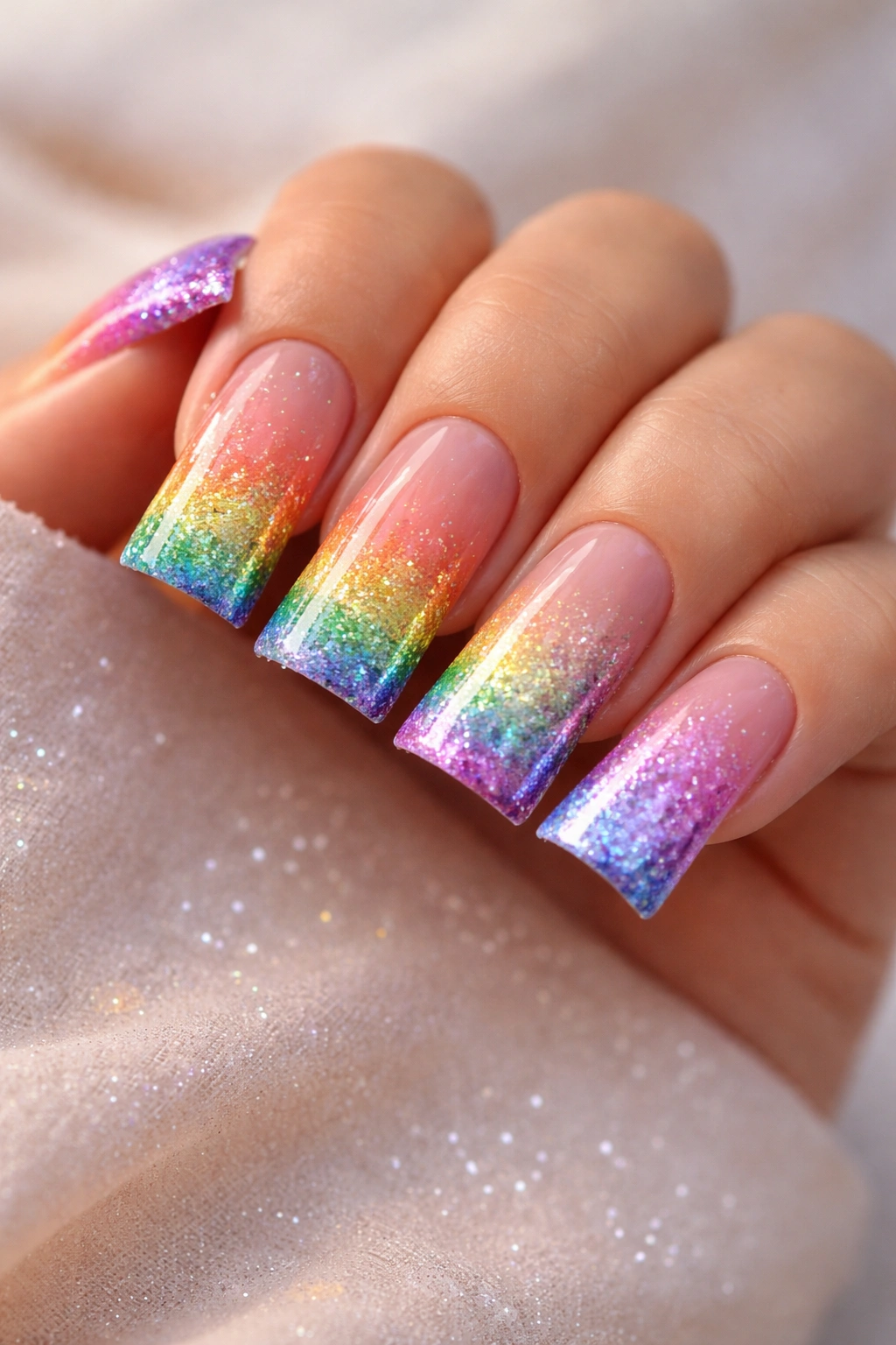 Duck nails with rainbow ombre gradient and glitter texture.