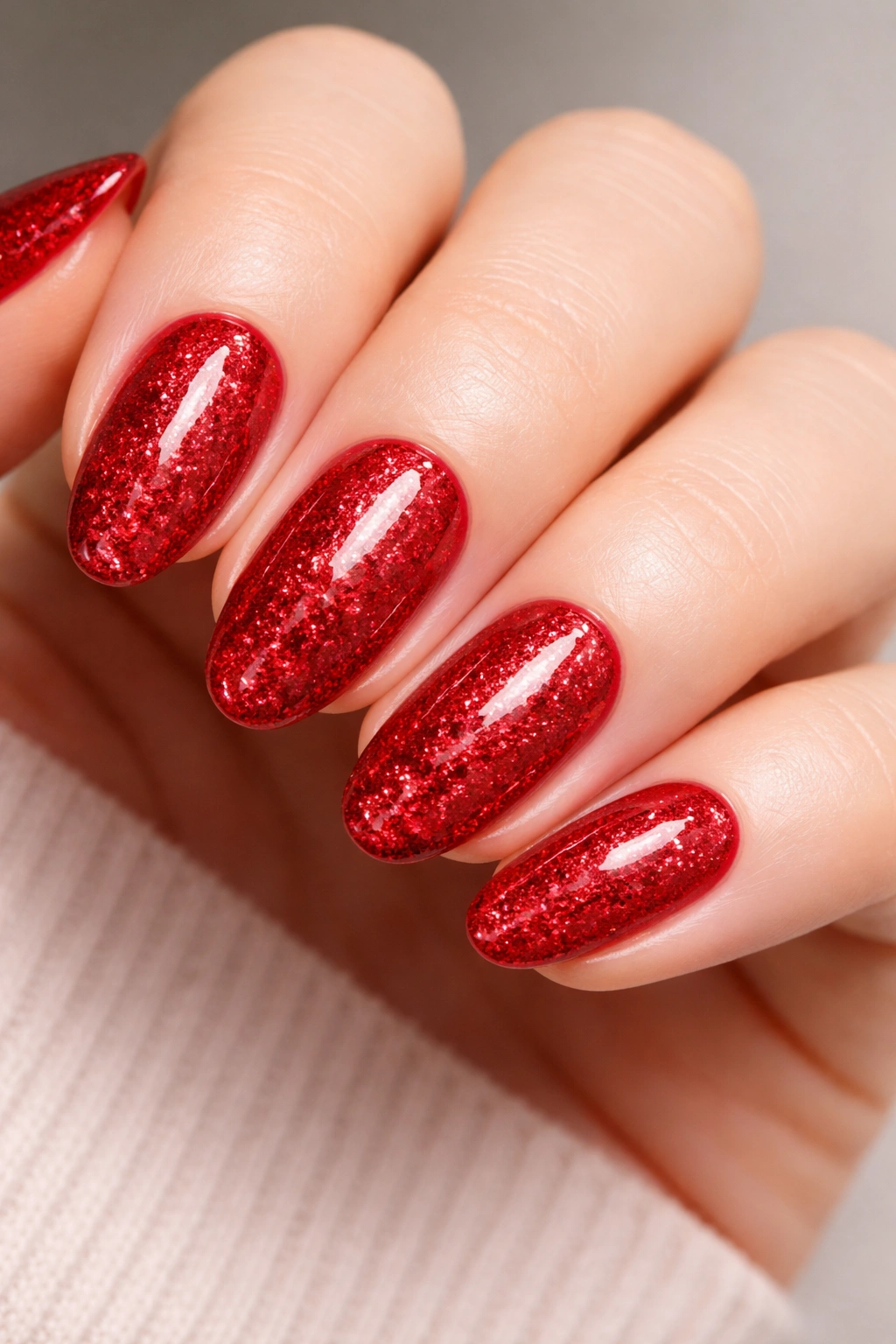 Close-up of red nails with fine glitter overlay and precise cuticles