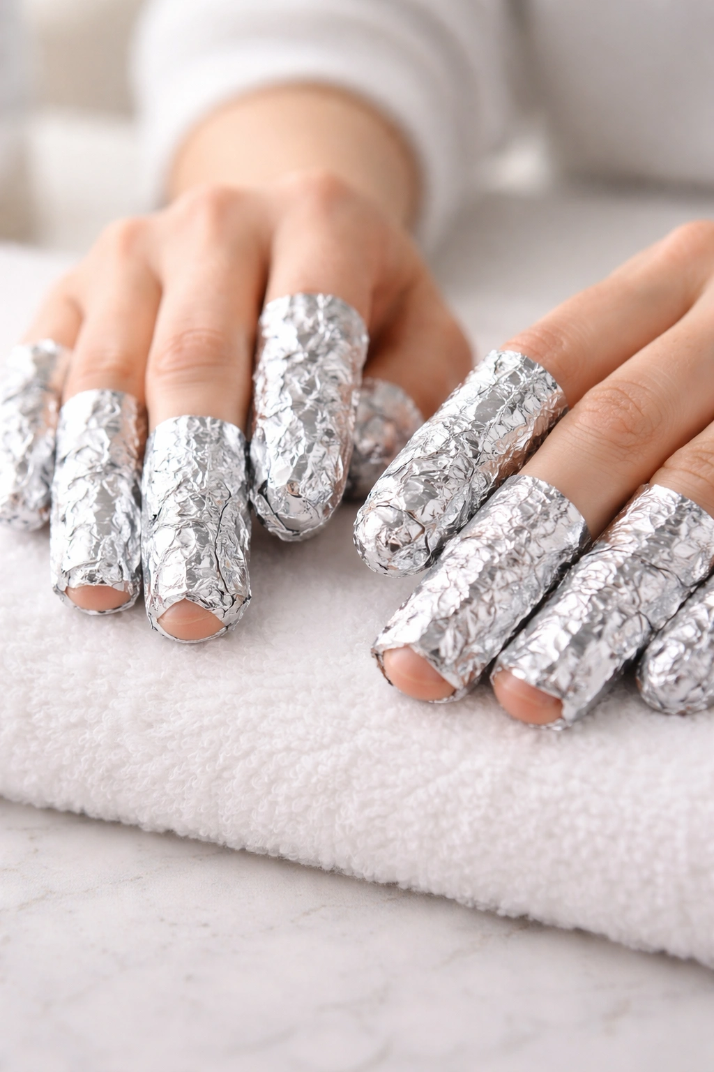 Foil-wrapped fingertips during glitter removal