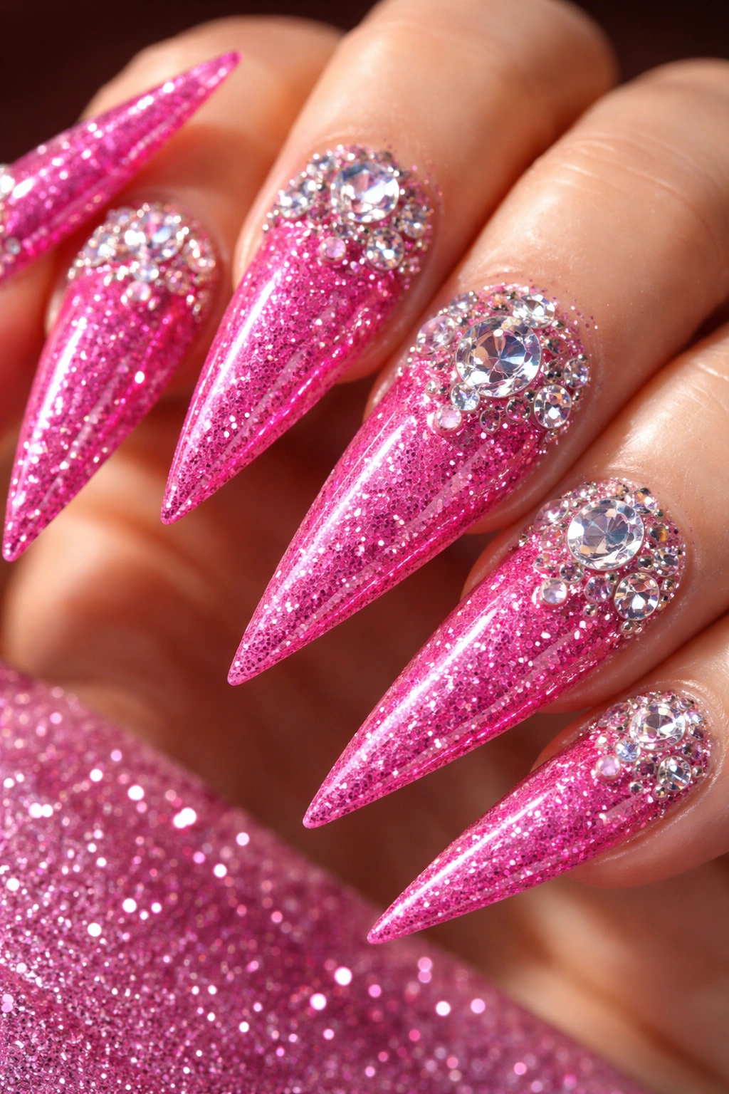 Hot pink glitter nails with rhinestone accents