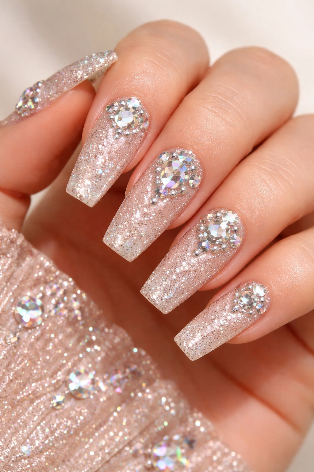 Coffin nails with nude base and heavy glitter plus rhinestones