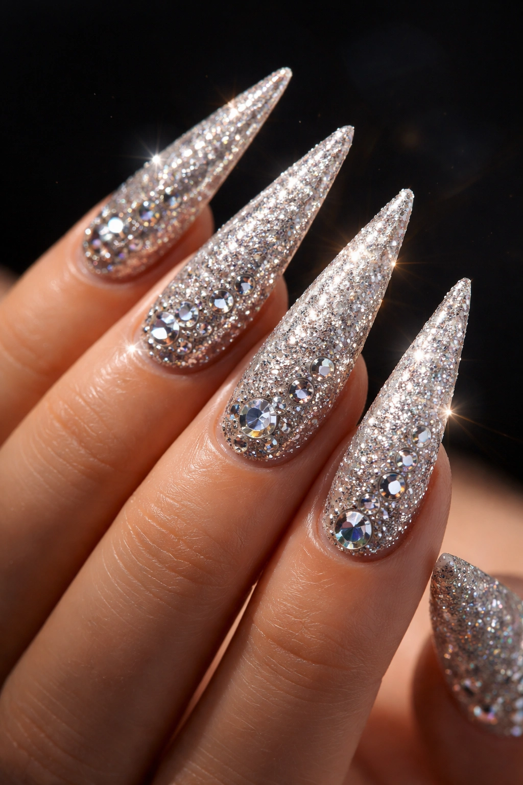 Close-up of glittery stiletto nails with rhinestones sparkling under studio light