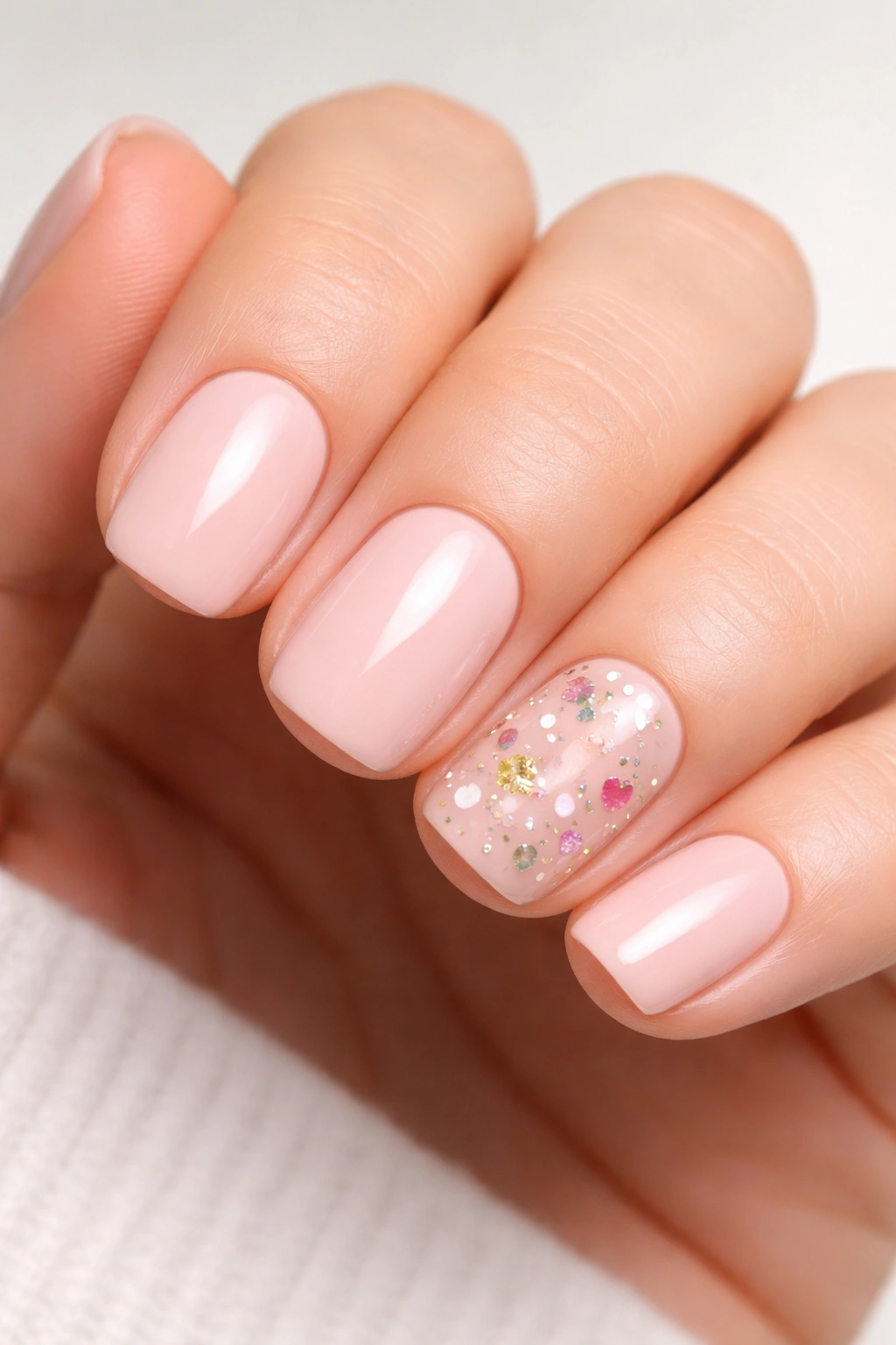 Close-up of a hand showing a single accent nail with scattered glitter shapes on a solid base
