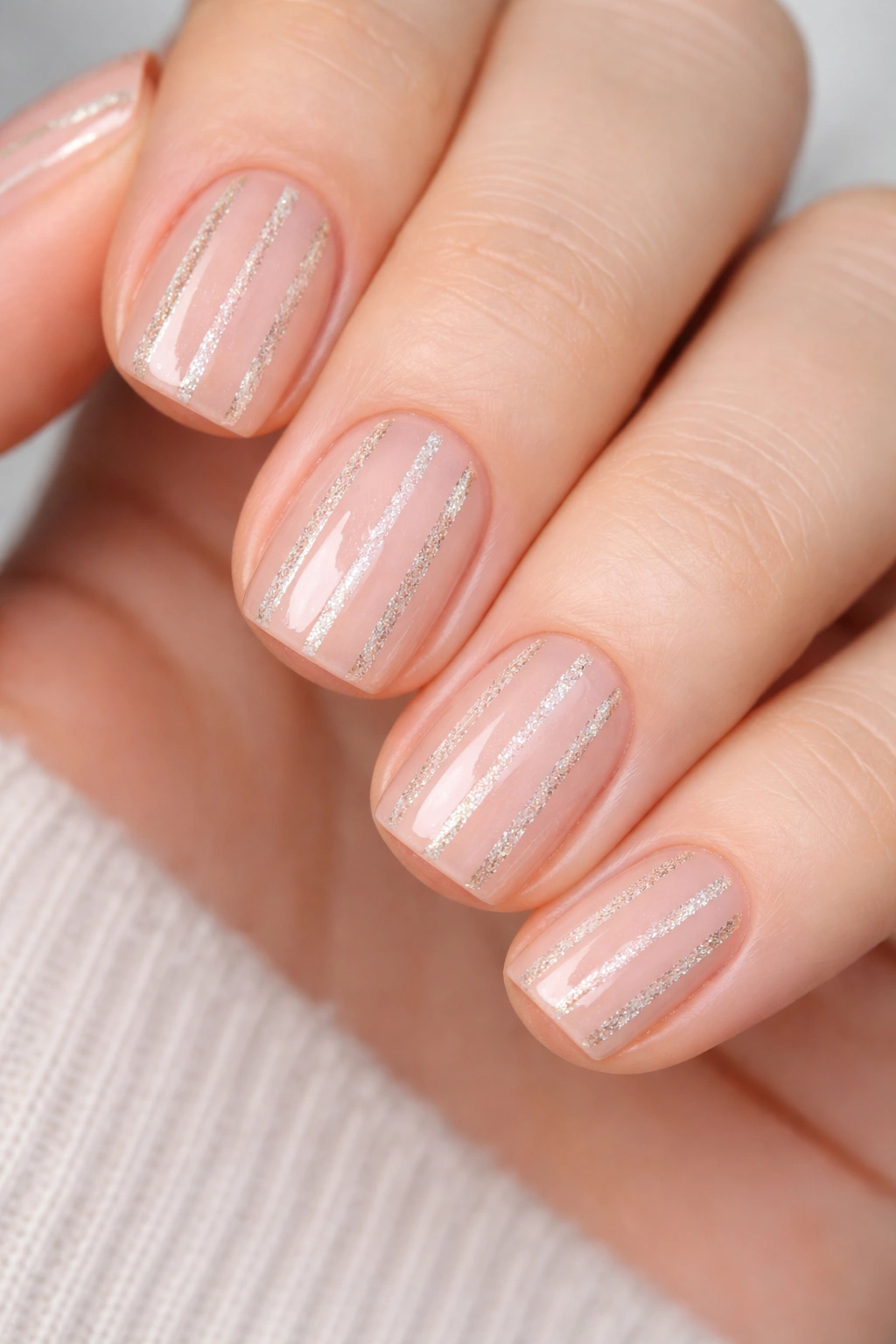 Nails with thin glitter stripes and negative space on a neutral base