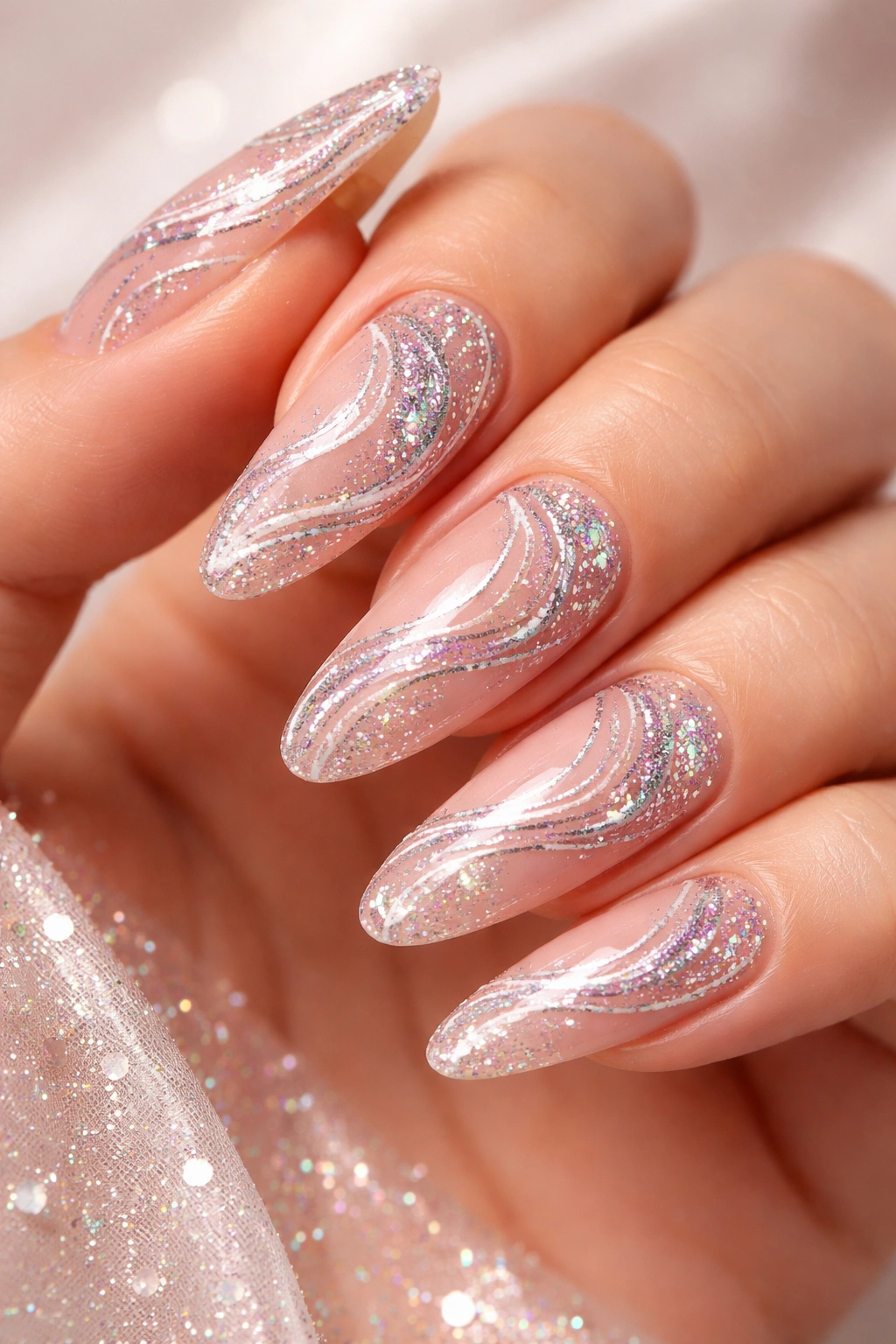Close-up of glitter swirl nails with sparkly swirl lines