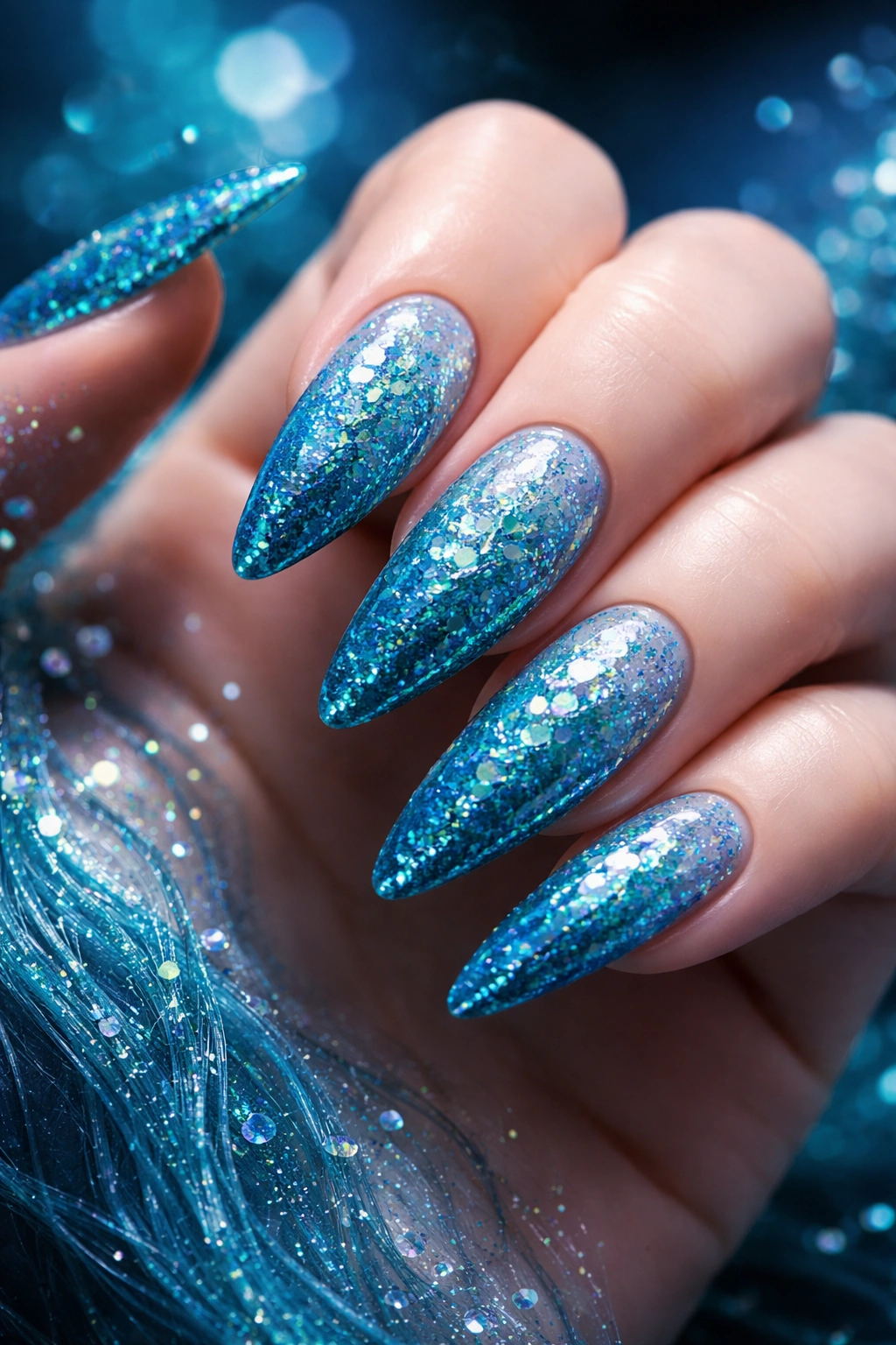 Close-up of glittery teal mermaid nails with iridescent glitter and subtle scale texture