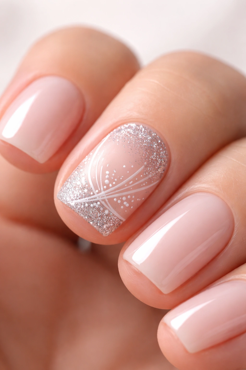 Close-up of accent nail with glitter tip and detailed base design (lines and dots)